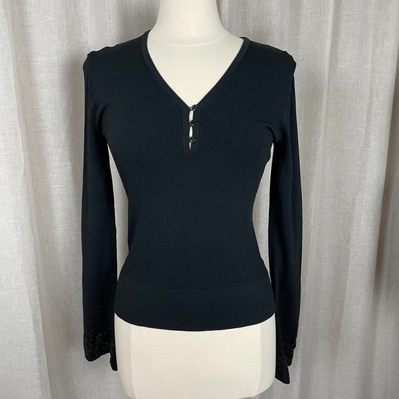 Tops - Y2K Womens Top Medium Black Sequin Beaded Henley Long Sleeve Casual Stretch Goth